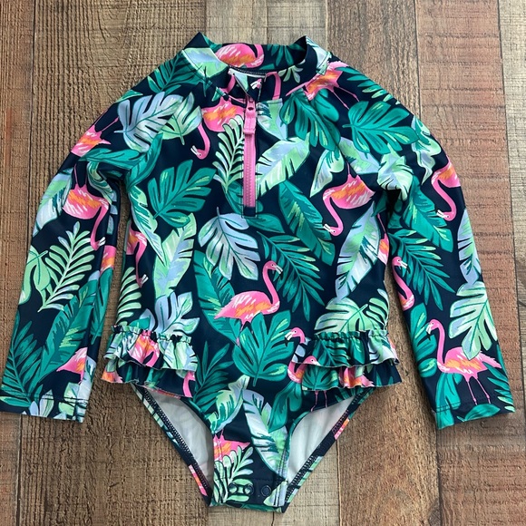 Carter’s Baby Girl Swimsuit 24M Long Sleeve One Piece Rash Guard Flamingo Ruffle - Picture 1 of 8